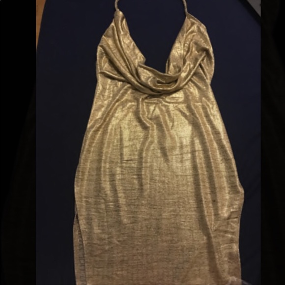 Gold Metallic Plunge Cowl Party Dress - Picture 3 of 3